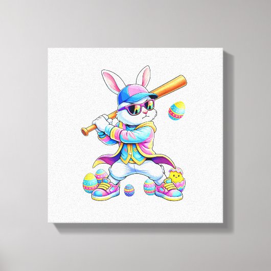 Funny Tie Dye Rabbit Baseball Easter Bunny Men Boy キャンバスプリント (正面)