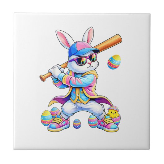 Funny Tie Dye Rabbit Baseball Easter Bunny Men Boy タイル (正面)
