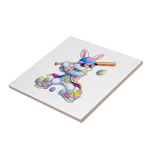 Funny Tie Dye Rabbit Baseball Easter Bunny Men Boy タイル (側面)