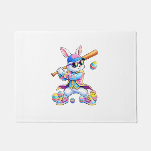 Funny Tie Dye Rabbit Baseball Easter Bunny Men Boy ドアマット (正面)