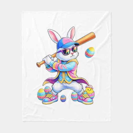 Funny Tie Dye Rabbit Baseball Easter Bunny Men Boy フリースブランケット (正面)