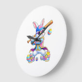 Funny Tie Dye Rabbit Baseball Easter Bunny Men Boy ラージ壁時計 (傾斜)