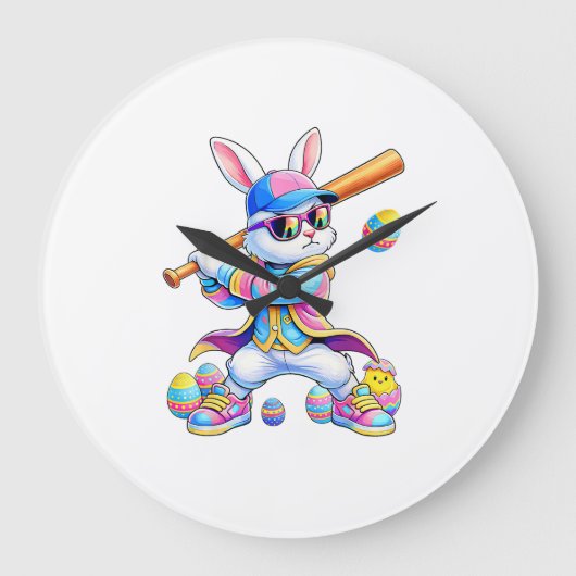 Funny Tie Dye Rabbit Baseball Easter Bunny Men Boy ラージ壁時計 (正面)