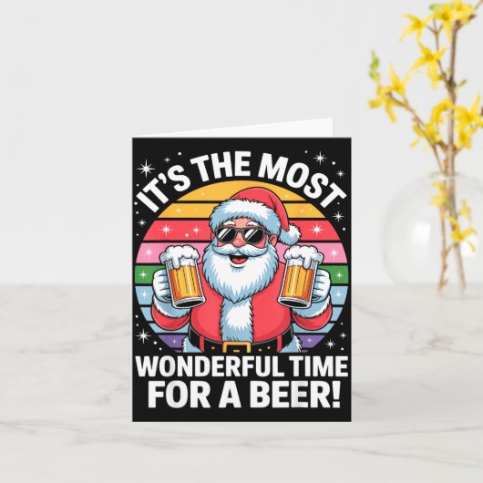 Funny Time For A Beer Santa Christmas  カード (黄色い花)