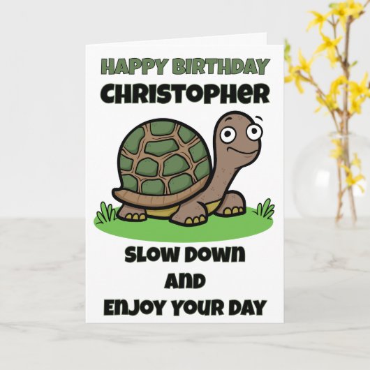 Funny Tortoise Birthday Slow And Steady Custom  カード (黄色い花)