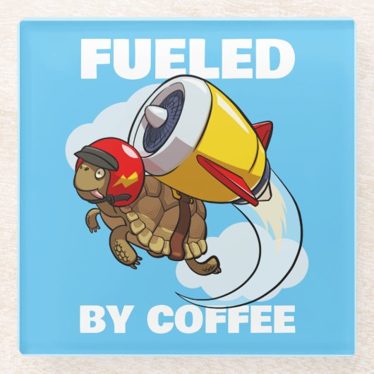 Funny Tortoise Fueled By Coffee Jet Pack Cartoon ガラスコースター (正面)