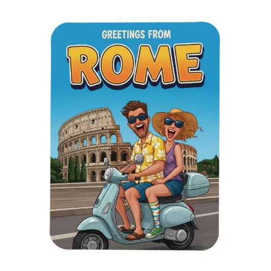 Funny Tourists on Vespa in Rome Italy Postcard マグネット (縦)