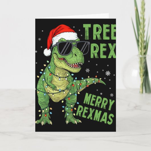 Funny Tree Rex Christmas Dinosaur Santa Hat Lights カード (正面)