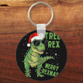 Funny Tree Rex Christmas Dinosaur Santa Hat Lights キーホルダー (正面)