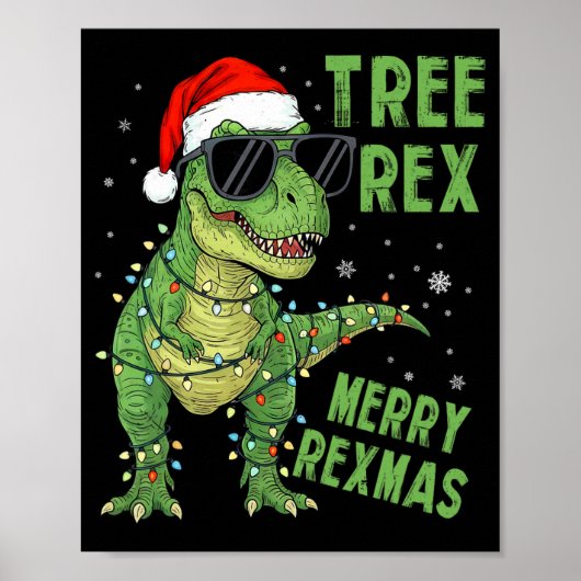 Funny Tree Rex Christmas Dinosaur Santa Hat Lights ポスター (正面)