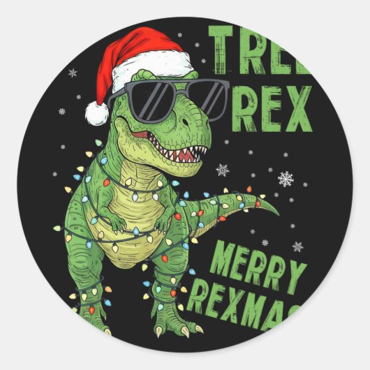 Funny Tree Rex Christmas Dinosaur Santa Hat Lights ラウンドシール (正面)