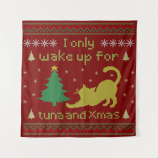 Funny Tuna Christmas Cat – Ugly Xmas Pixel Style タペストリー