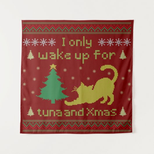 Funny Tuna Christmas Cat – Ugly Xmas Pixel Style タペストリー (正面)