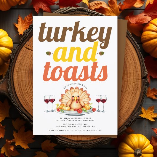 Funny Turkey and Toasts typography Friendsgiving 招待状