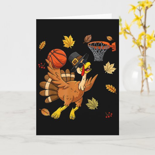 Funny Turkey Playing Bysketbyll Happy Thanksgiving カード (黄色い花)