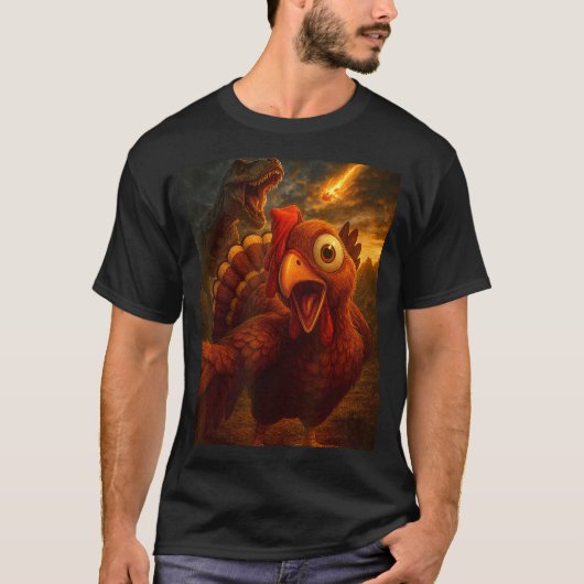 Funny Turkey Selfie With Dinosaur And Meteor Acaly Tシャツ (正面)