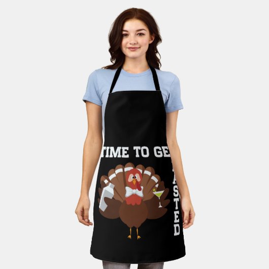 Funny Turkey Time To Get Basted Thanksgiving エプロン (着用した状態)