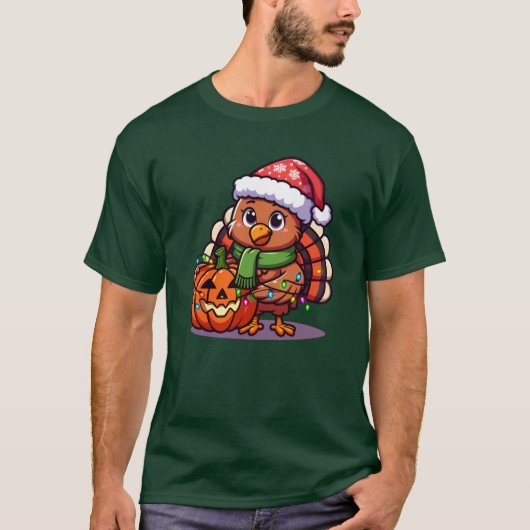 Funny Turkey with Pumpkin Wrapped in Lights Thanks Tシャツ (正面)