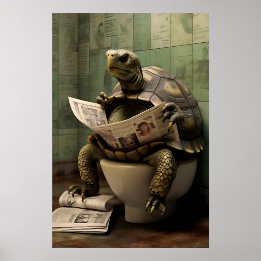 Funny Turtle Bathroom Print, Toilet Newspaper Art ポスター (正面)