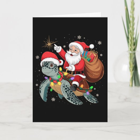 Funny Turtle Christmas Santa Riding Sea Turtle Xma カード (正面)