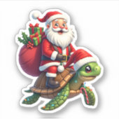 Funny Turtle Christmas Santa Riding Sea Turtle Xma シール (正面)