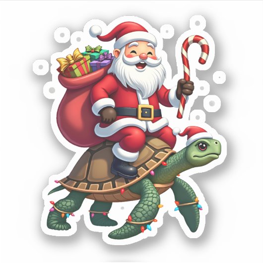 Funny Turtle Christmas Santa Riding Sea Turtle Xma シール (正面)