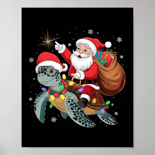 Funny Turtle Christmas Santa Riding Sea Turtle Xma ポスター (正面)
