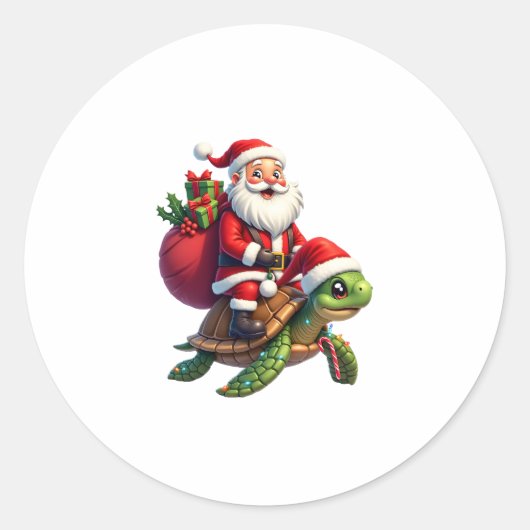 Funny Turtle Christmas Santa Riding Sea Turtle Xma ラウンドシール (正面)