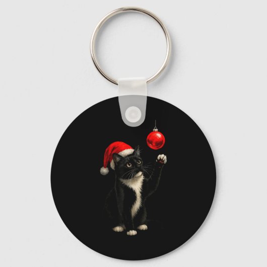 Funny Tuxedo Bauble Cat Santa Hat Red Xmas Christm キーホルダー (正面)