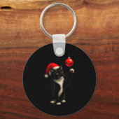 Funny Tuxedo Bauble Cat Santa Hat Red Xmas Christm キーホルダー (正面)