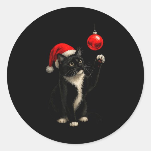 Funny Tuxedo Bauble Cat Santa Hat Red Xmas Christm ラウンドシール (正面)