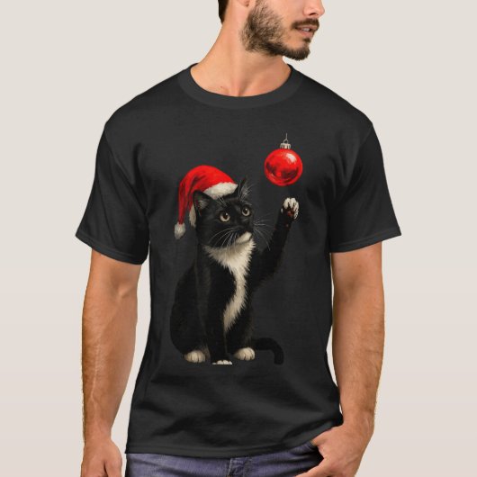 Funny Tuxedo Bauble Cat Santa Hat Red Xmas Christm Tシャツ (正面)