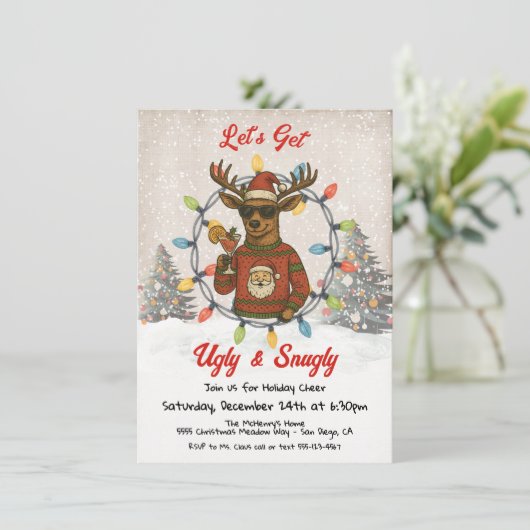 Funny Ugly Christmas Sweater Reindeer Cocktail 招待状 (スタンド正面)