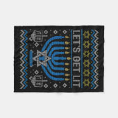 Funny Ugly Hanukkah Sweater Lets Get Lit Menorah J フリースブランケット (正面(横))