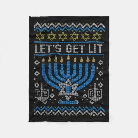 Funny Ugly Hanukkah Sweater Lets Get Lit Menorah J フリースブランケット (正面)