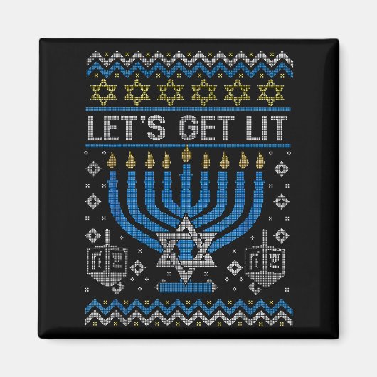 Funny Ugly Hanukkah Sweater Lets Get Lit Menorah J マグネット (正面)