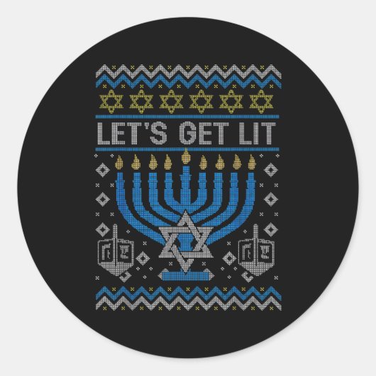 Funny Ugly Hanukkah Sweater Lets Get Lit Menorah J ラウンドシール (正面)
