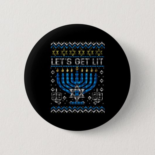 Funny Ugly Hanukkah Sweater Lets Get Lit Menorah J 缶バッジ (正面)