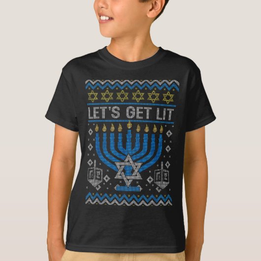Funny Ugly Hanukkah Sweater Lets Get Lit Menorah J Tシャツ (正面)
