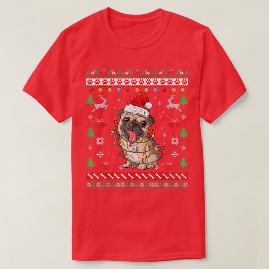 Funny Ugly Sweater Christmas Lights Pug Santa Dog Tシャツ (デザイン正面)
