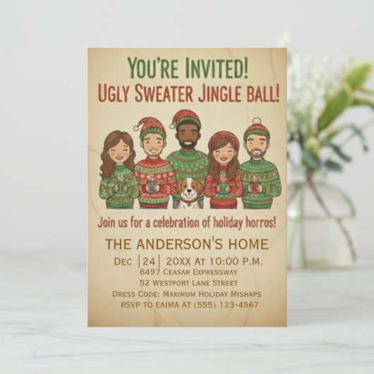 Funny Ugly Sweater Jingle Ball Retro Christmas  招待状 (スタンド正面)