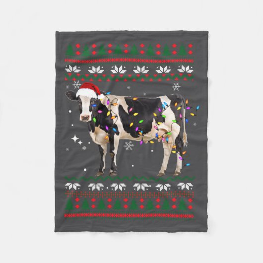 Funny Ugly Xmas Sweater Dairy Cow Farmer Lights Ch フリースブランケット (正面)