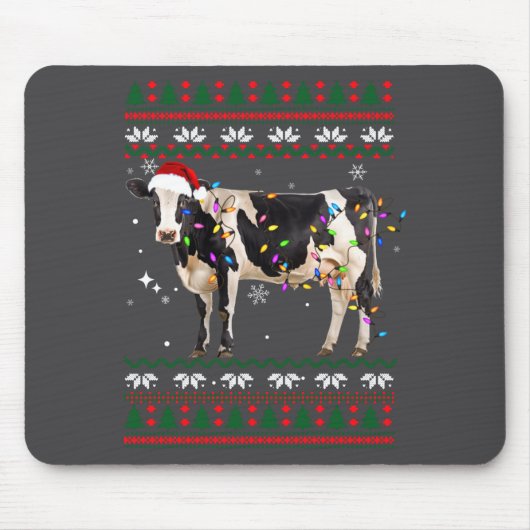 Funny Ugly Xmas Sweater Dairy Cow Farmer Lights Ch マウスパッド (正面)