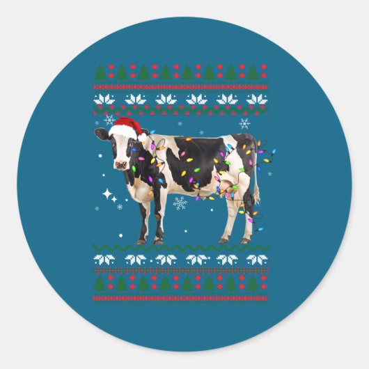 Funny Ugly Xmas Sweater Dairy Cow Farmer Lights Ch ラウンドシール (正面)