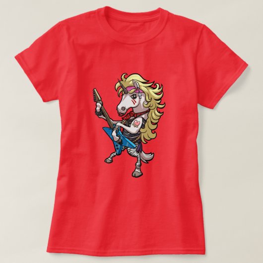 Funny Unicorn Glam Metal Hard Rock Guitar Cartoon Tシャツ (デザイン正面)