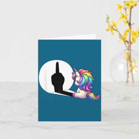 Funny Unicorn With Middle Finger Morning Grouch  カード (黄色い花)