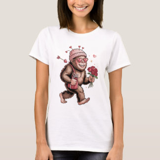 Funny Valentine Bigfoot Yeti with Roses and Hearts Tシャツ