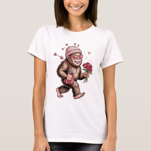 Funny Valentine Bigfoot Yeti with Roses and Hearts Tシャツ (正面)