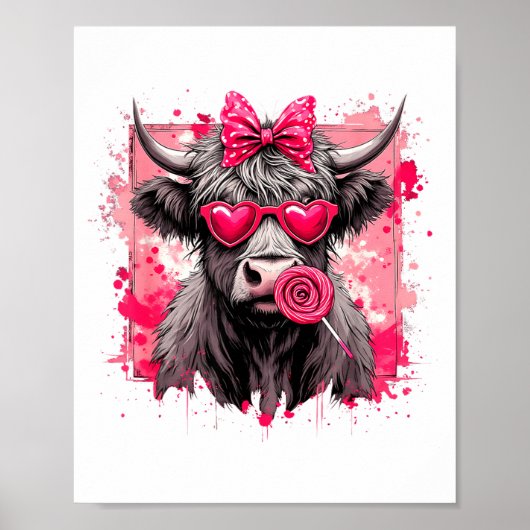 Funny Valentine Highland Cow Lollip Heart Art Nk L ポスター (正面)