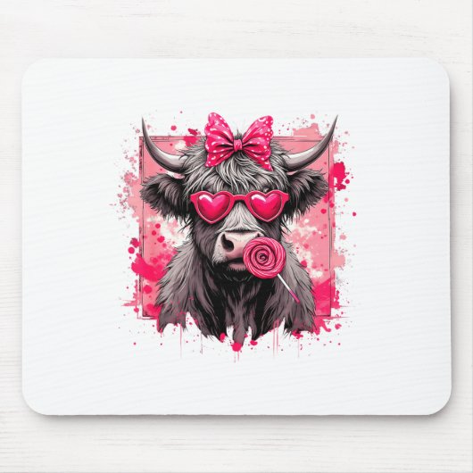Funny Valentine Highland Cow Lollip Heart Art Nk L マウスパッド (正面)